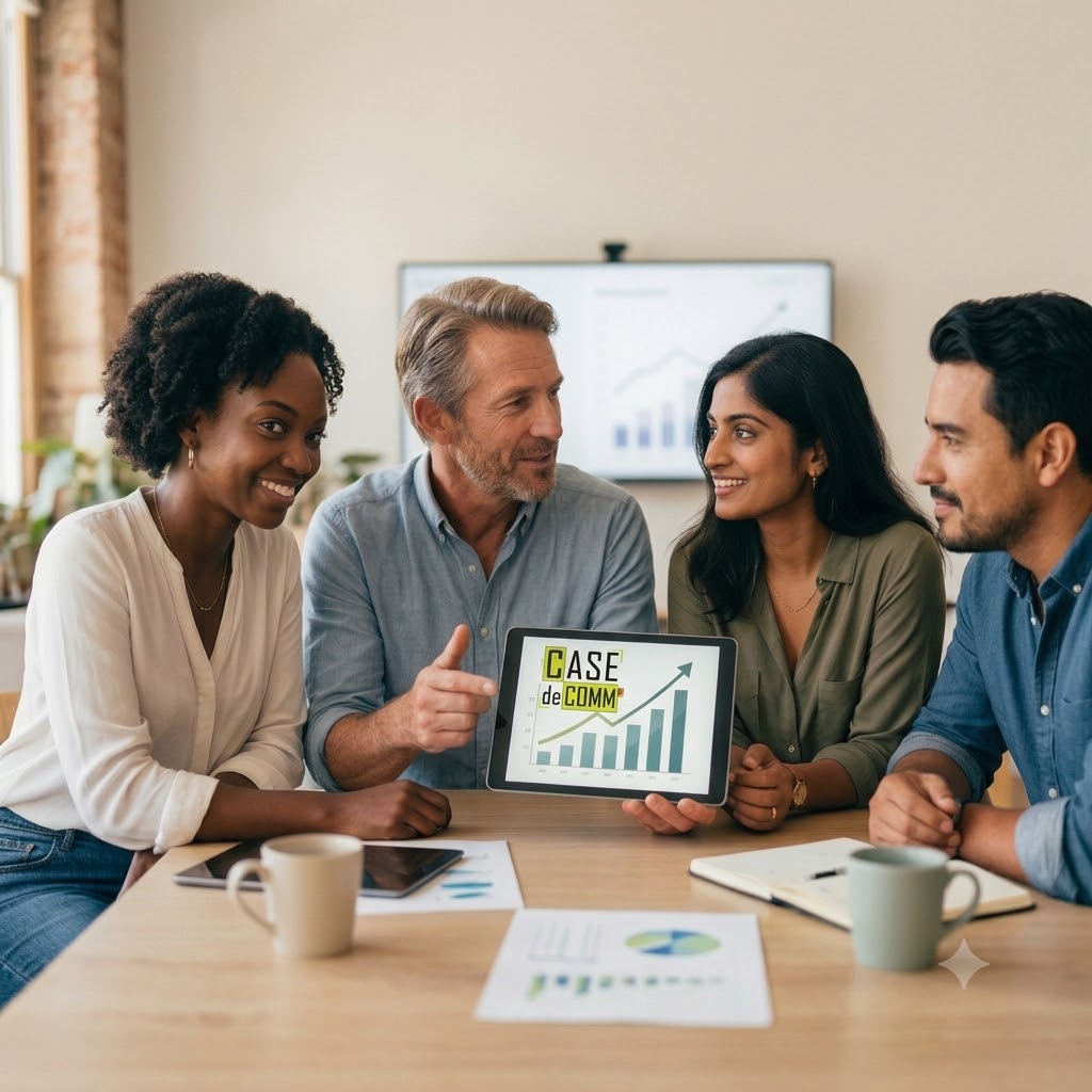 Équipe Case de Comm' présentant un tableau de bord